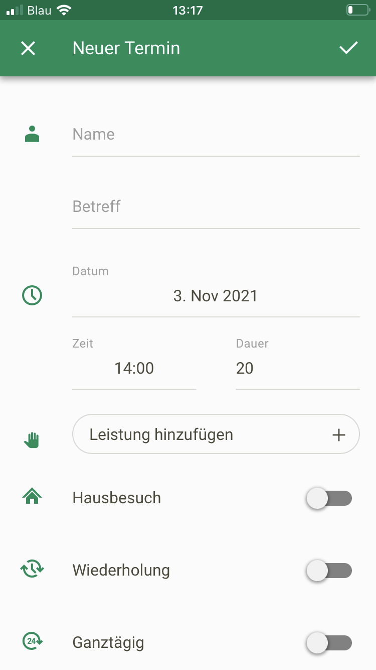 Screenshot App Termine Maske neuer Termin